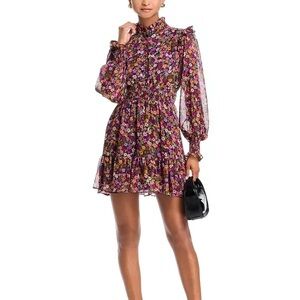 Aqua Multicolor Floral Long Sleeve Ruffled Mini Smocked Dress Exclusive Small